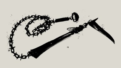 鎖鐮的黑白水墨風格渲染圖。