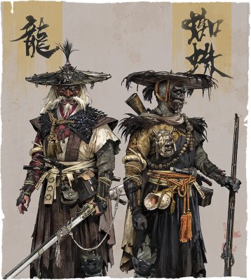 美術渲染圖，描繪兩名戴著面具的浪人手持鐵砲。