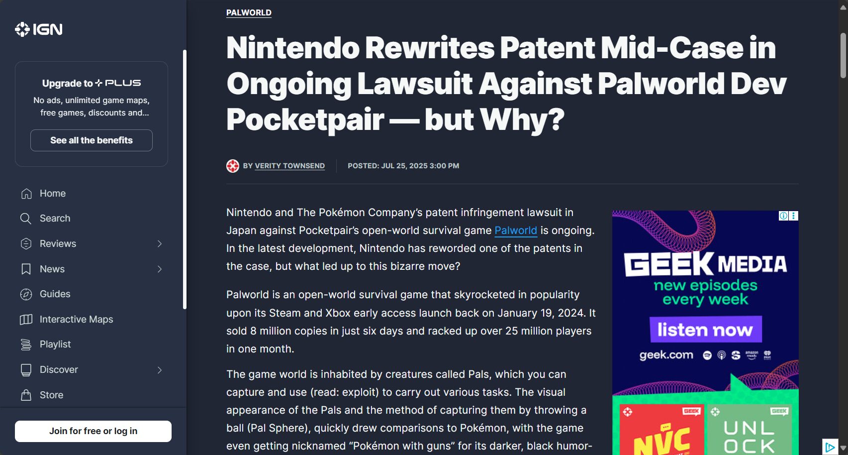 幻兽帕鲁 专利战 IGN相关报道