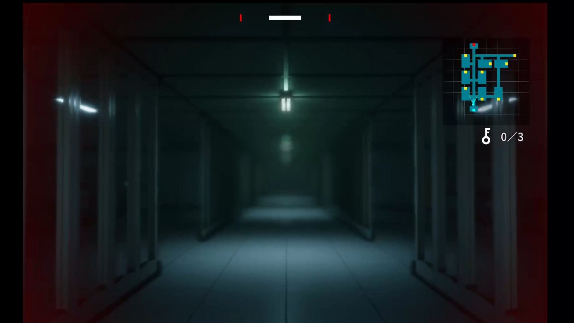 遊戲內部場景圖：主角在昏暗設施探索驚逃