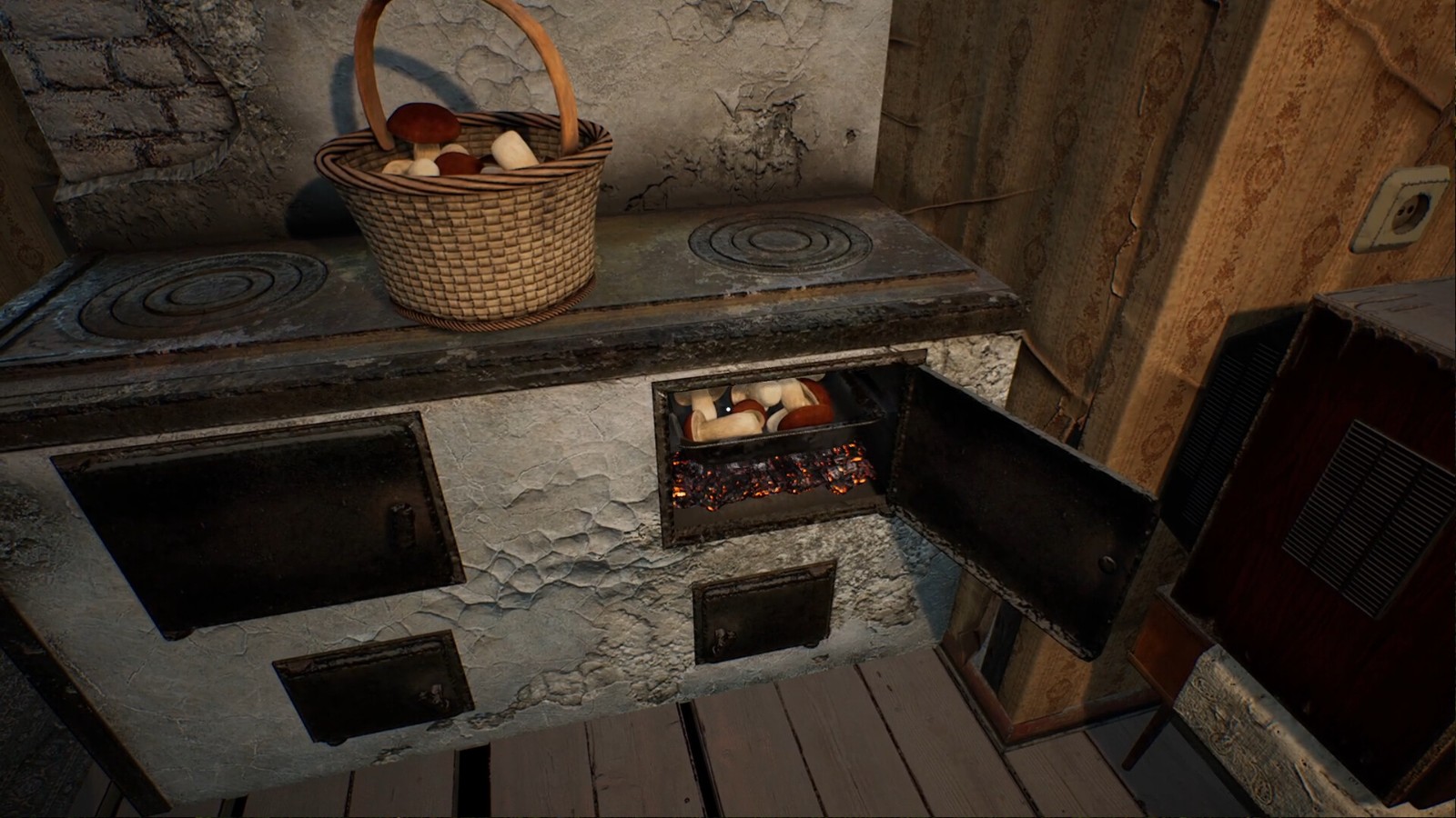 將採來的蘑菇整齊地擺放在桌上