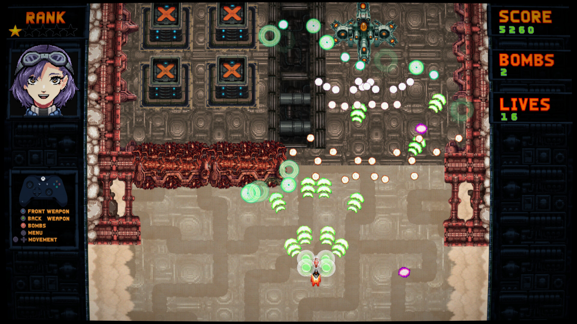 Atomanta 遊戲畫面,展現了復古像素風格與華麗的彈幕特效。