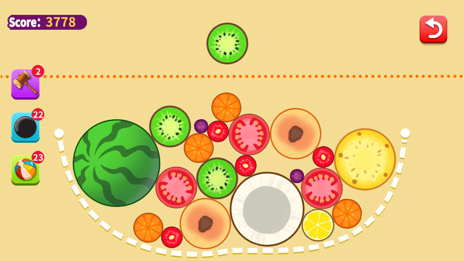當兩個相同的水果碰撞,就會合成一個更大的水果。