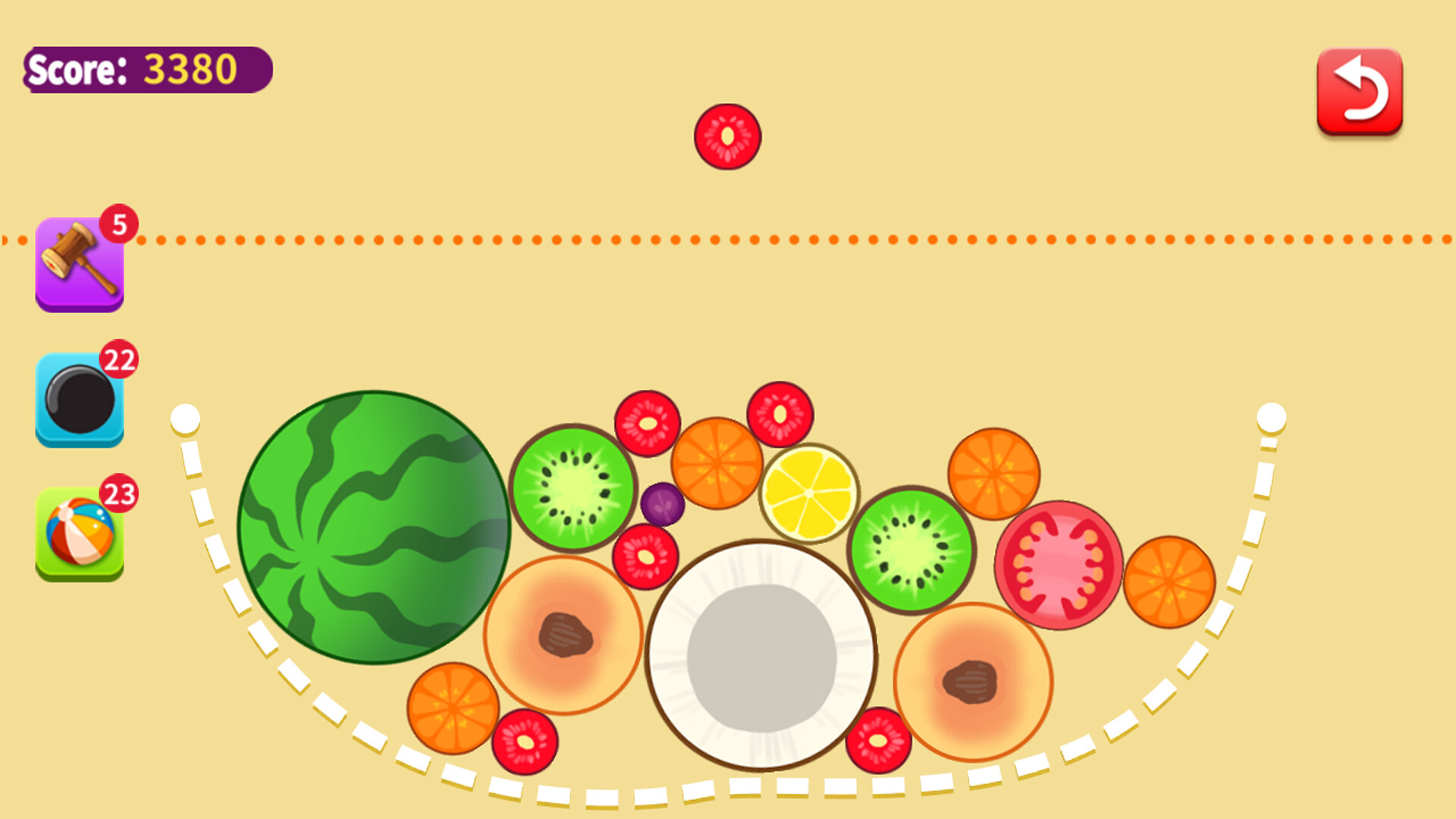 玩家需要謹慎規劃水果的掉落位置,避免容器被快速填滿。