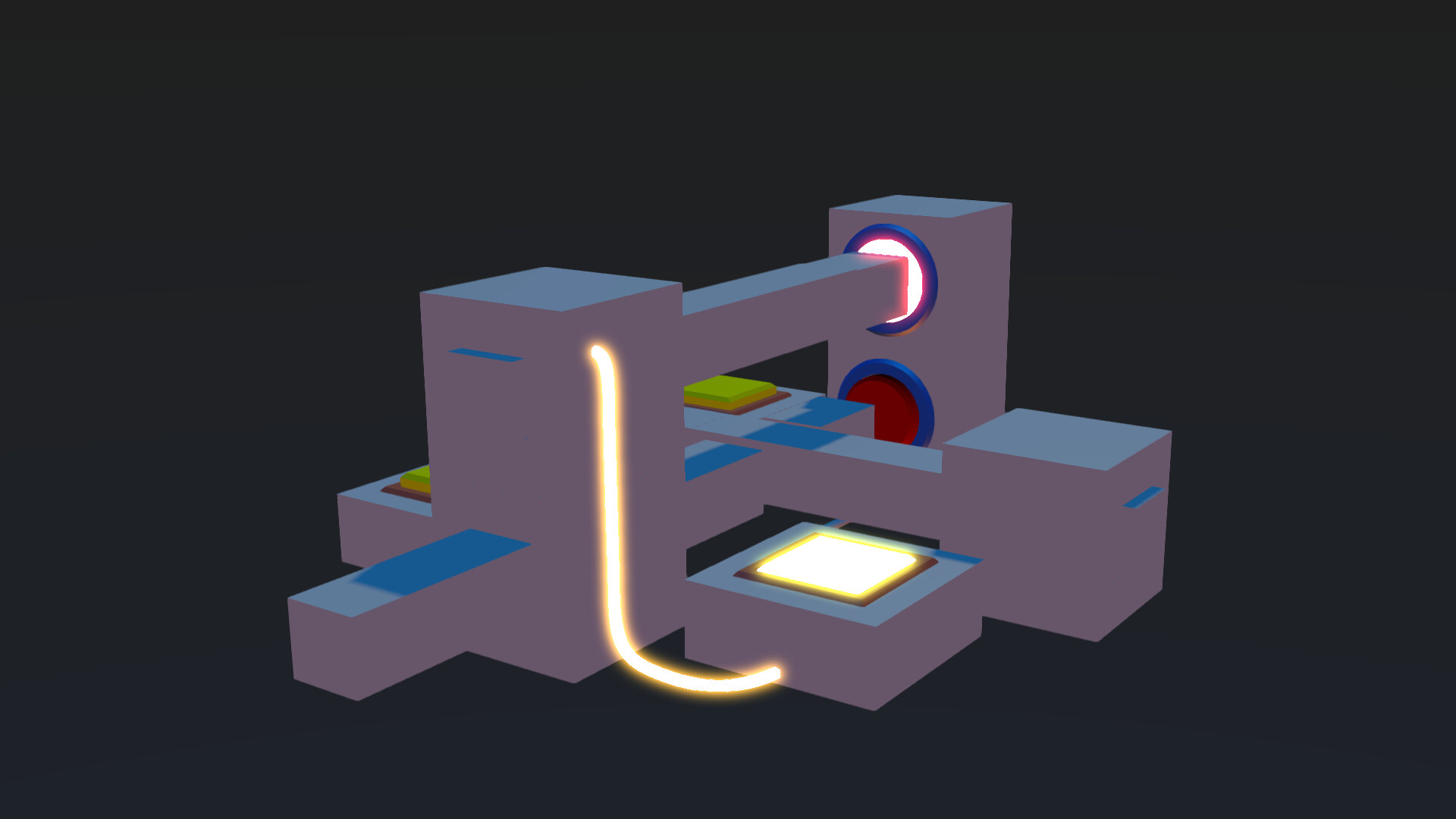 遊戲畫面展示了簡潔的3D場景，玩家需利用黃色按鈕啟動機關。