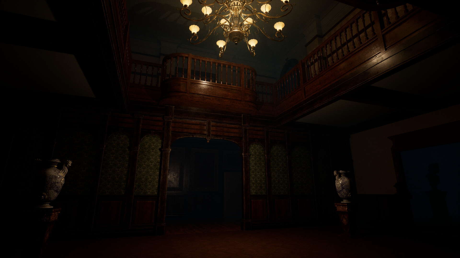 遊戲畫面揭露神秘洋樓內部,營造第一人稱恐怖體驗。