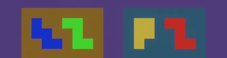 遊戲玩法示意，玩家需將兩對五格骨牌組合成相同輪廓的形狀