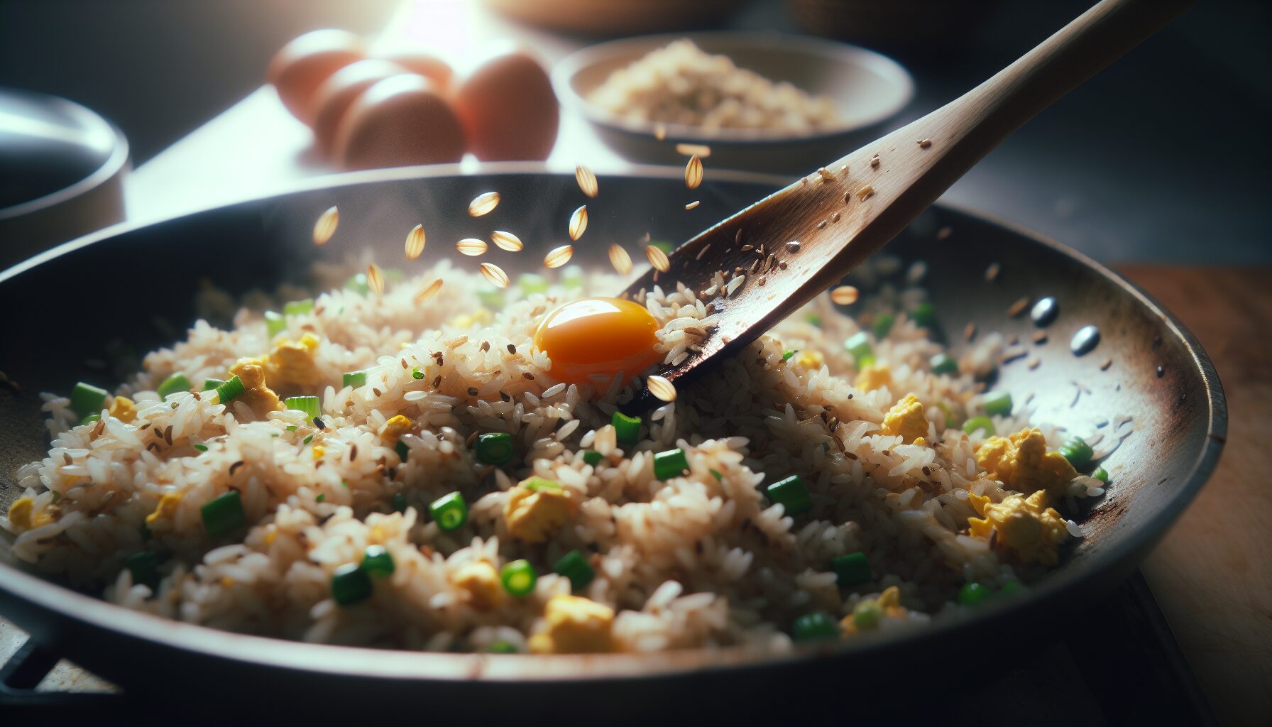 分離蛋黃與蛋白，將蛋黃拌入米飯以做黃金炒飯的步驟