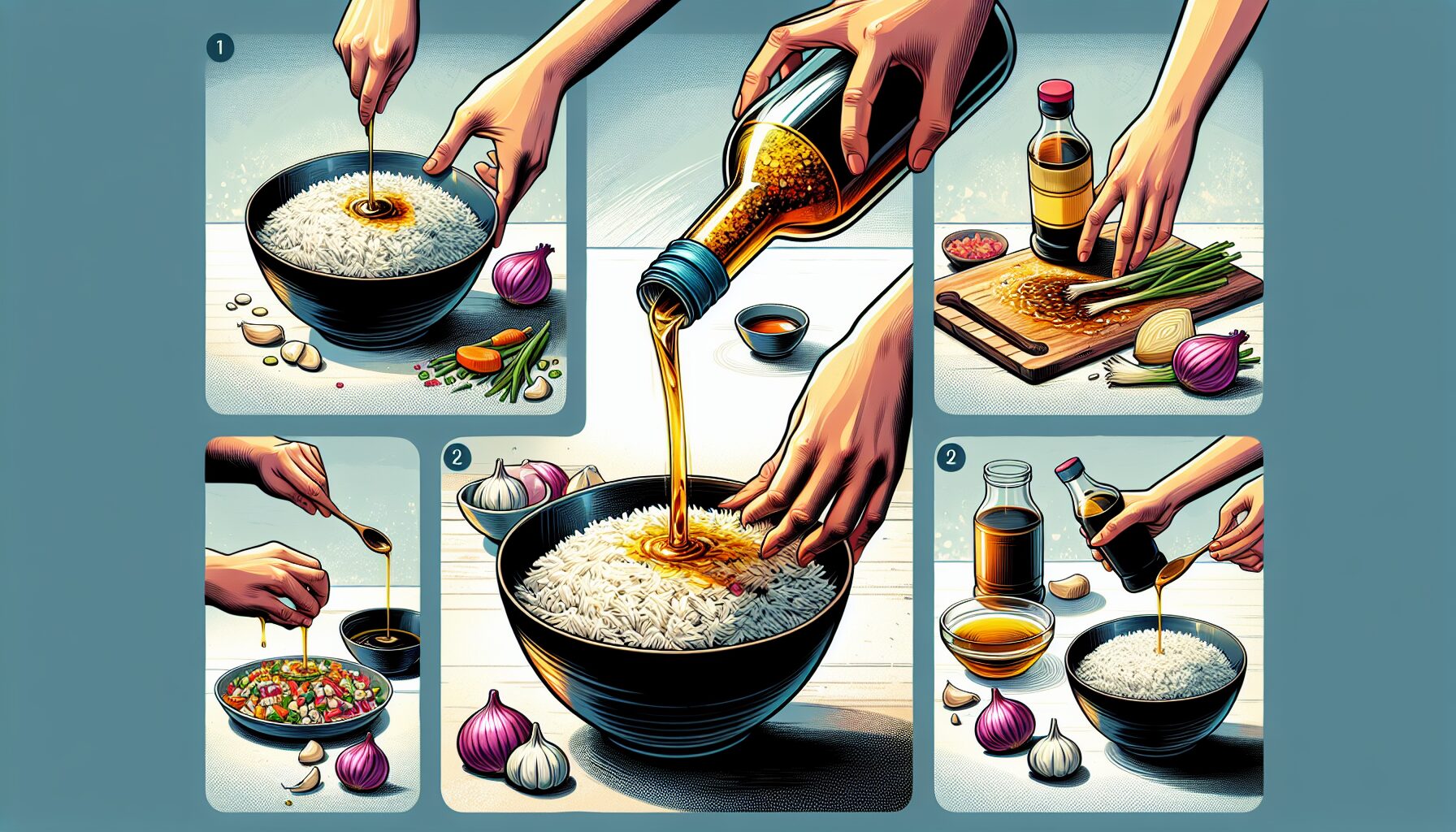 調味香油爆香階段：蔥白、蒜末等辛香料與油融合