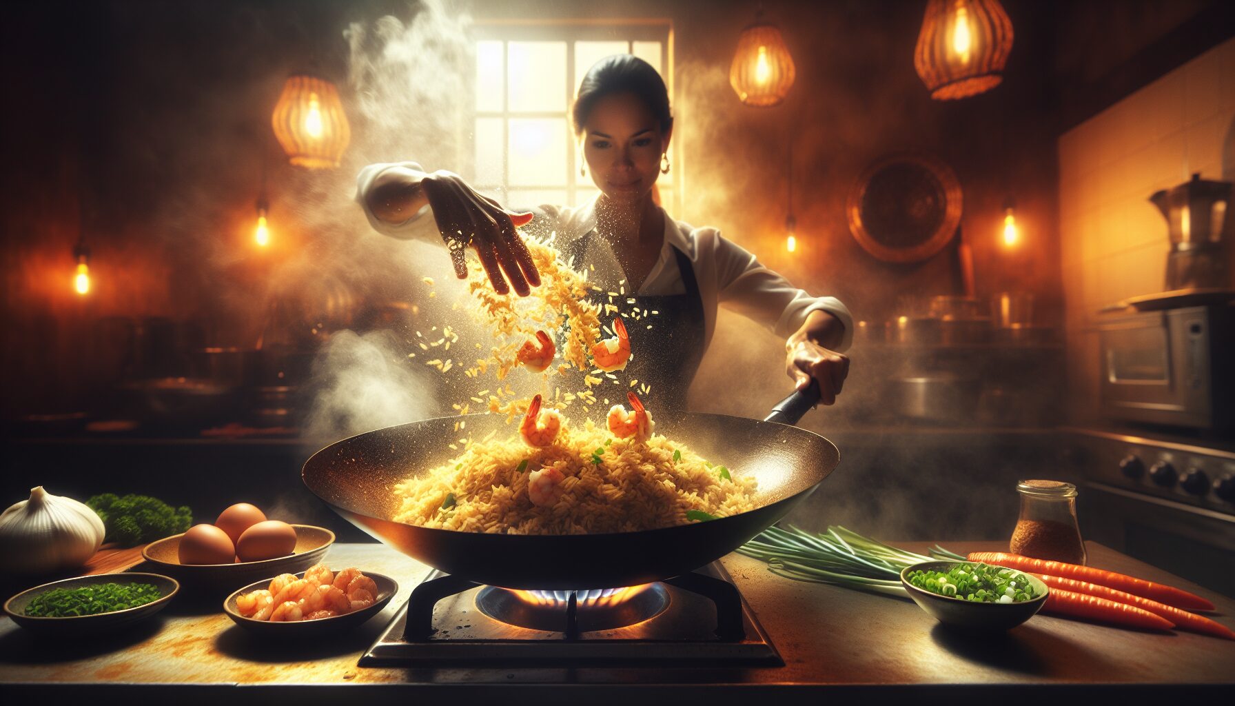 拌好油與醬料後的米飯即將下鍋，色澤分明、粒粒均勻