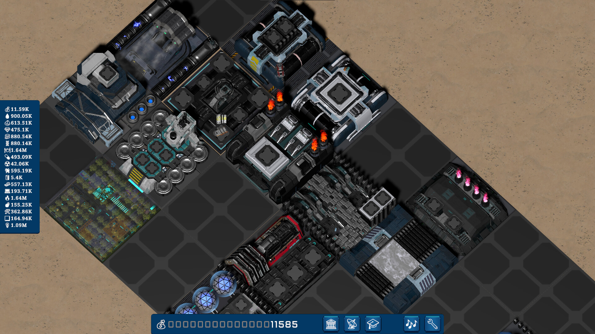 Idle Terra 中逐漸擴張的基地，展現了從無到有的建設過程。