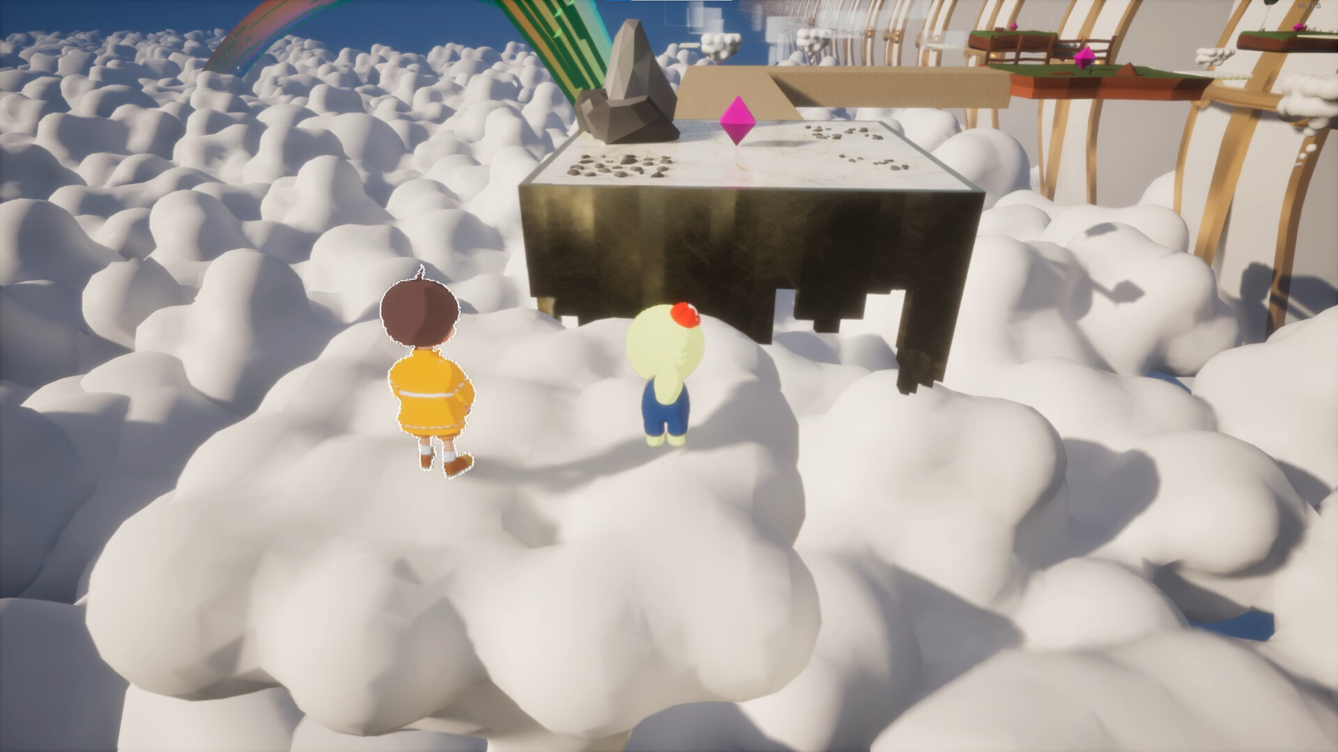 角色們在一個充滿神秘氛圍的場景中探索。