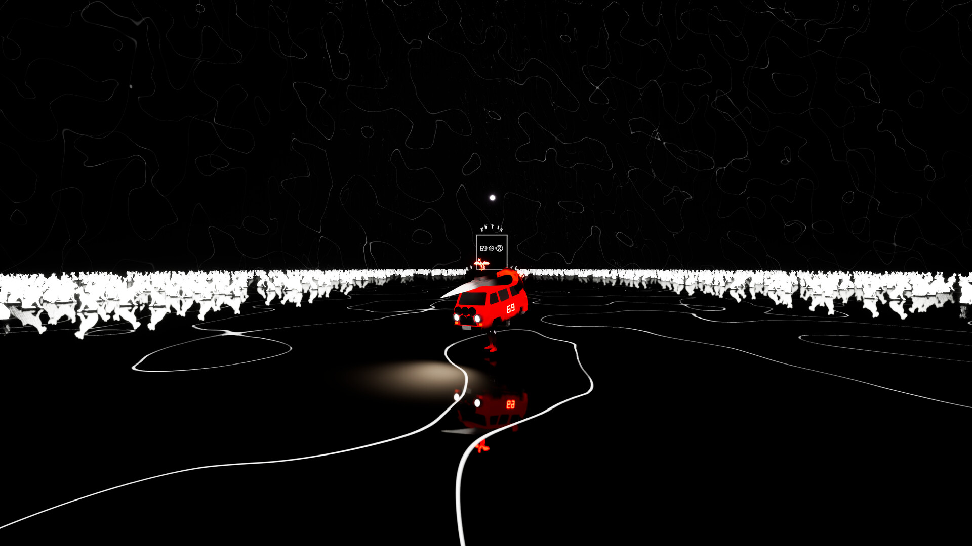 一台橘色貨車行駛在奇幻的紫色場景中