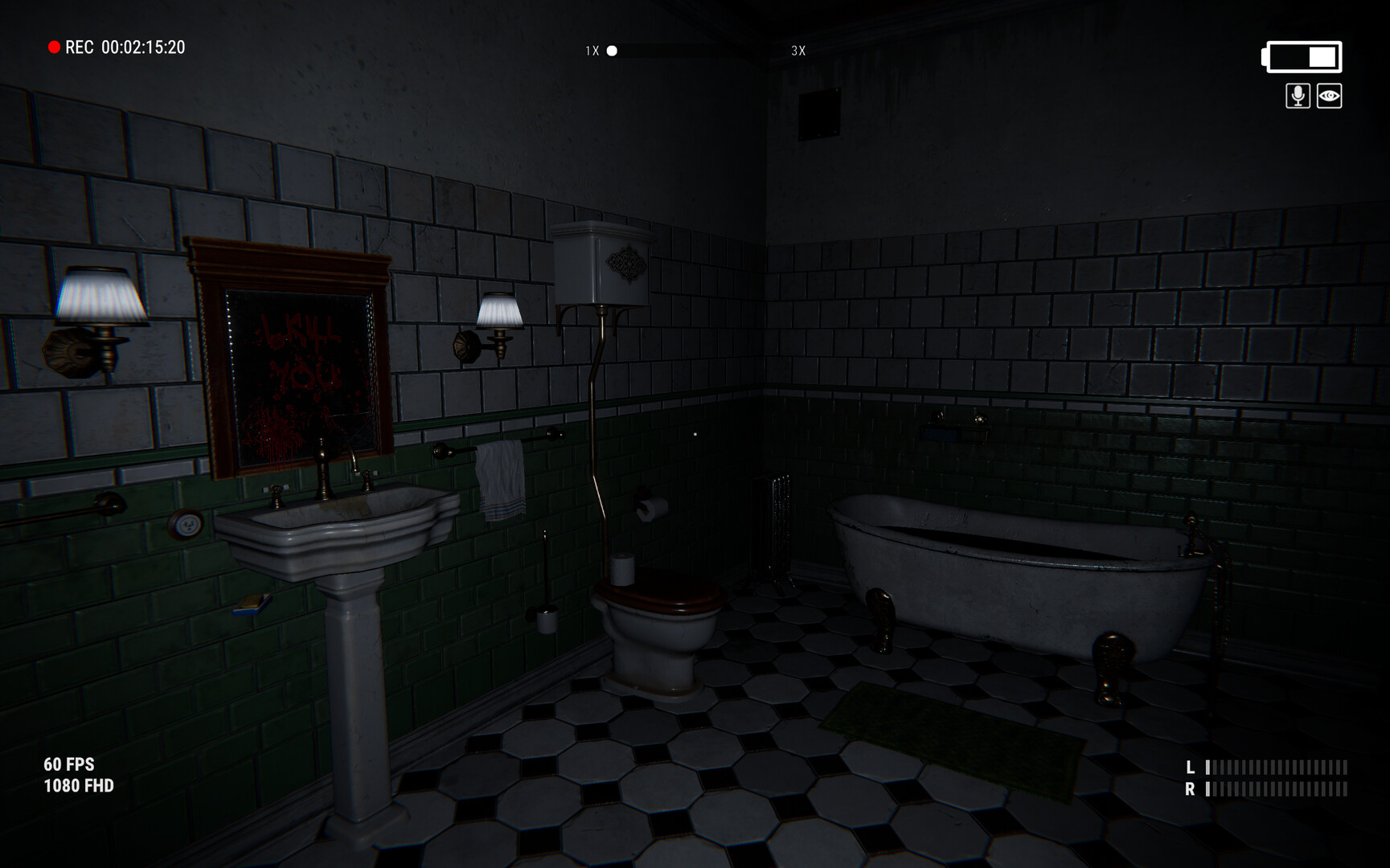 玩家視角，手持手電筒探索一個廢棄的走廊。