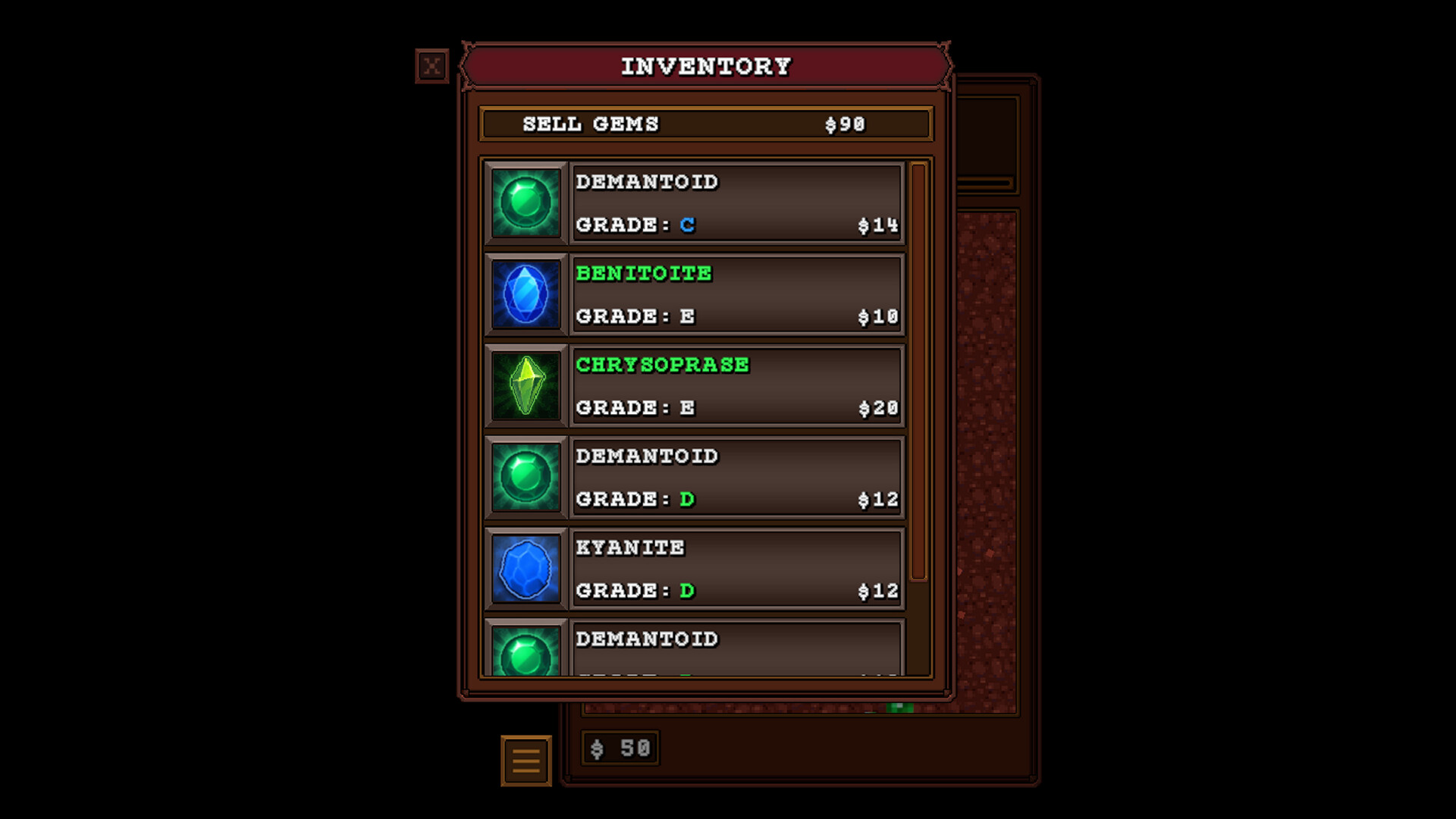 遊戲介面展示了不同礦層的深度與獎勵。