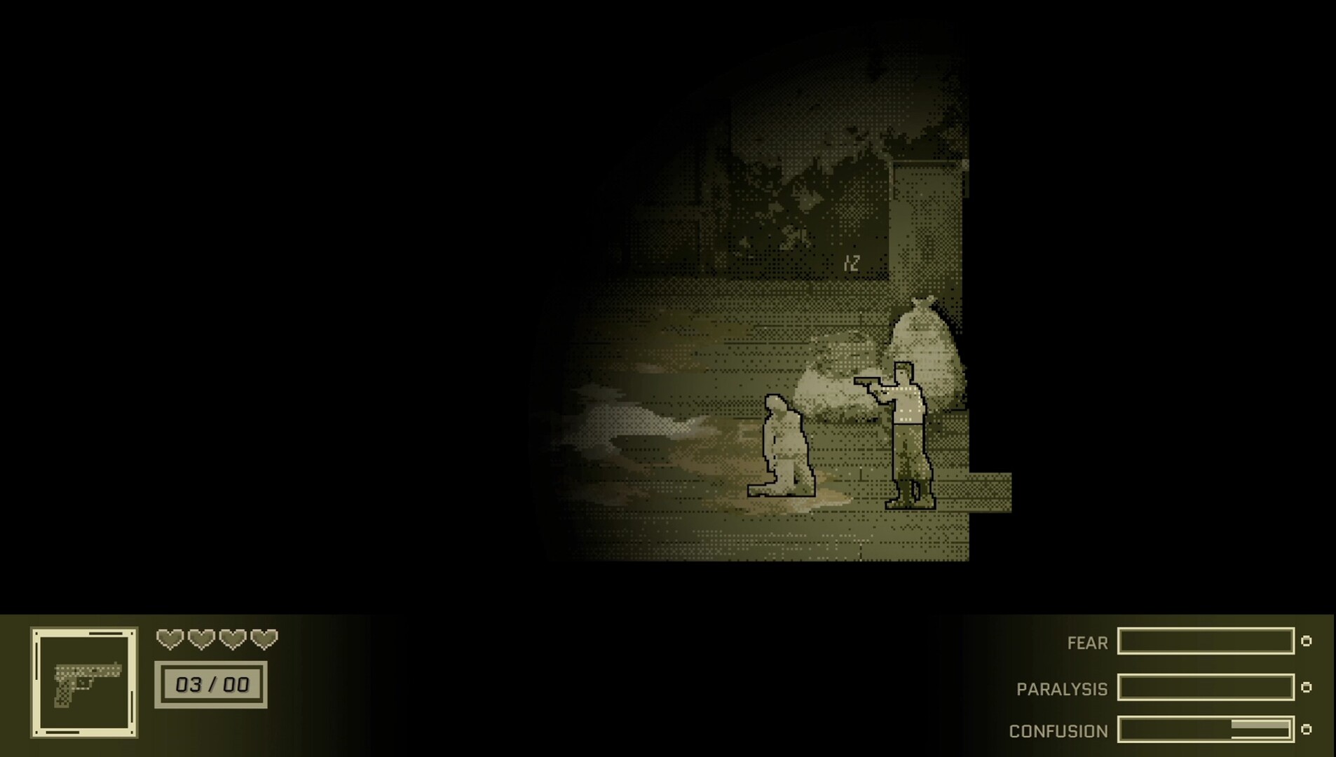 遊戲中的戰鬥畫面，玩家正與一個恐怖生物對峙