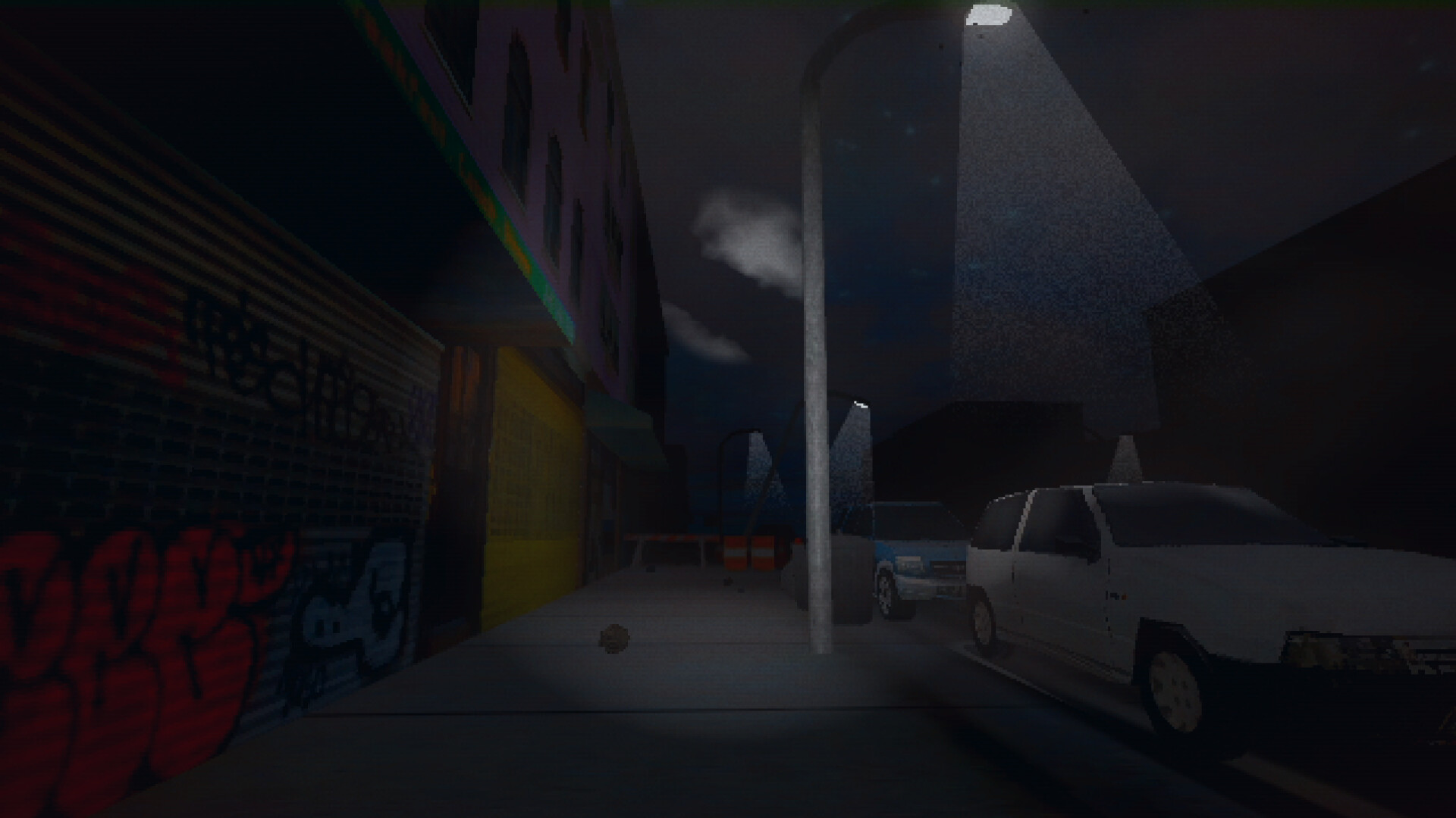 玩家躲在櫃子中，窺視著外面巡邏的小丑。