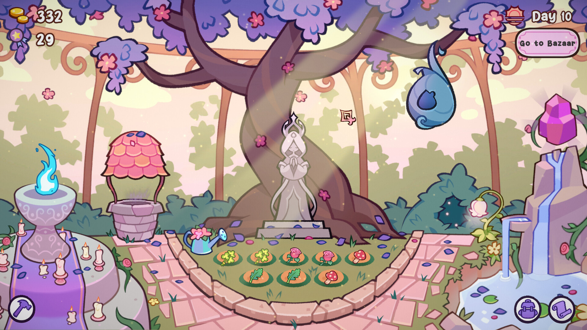 遊戲中的煉金台，玩家正在釀造一鍋冒著氣泡的藥水。