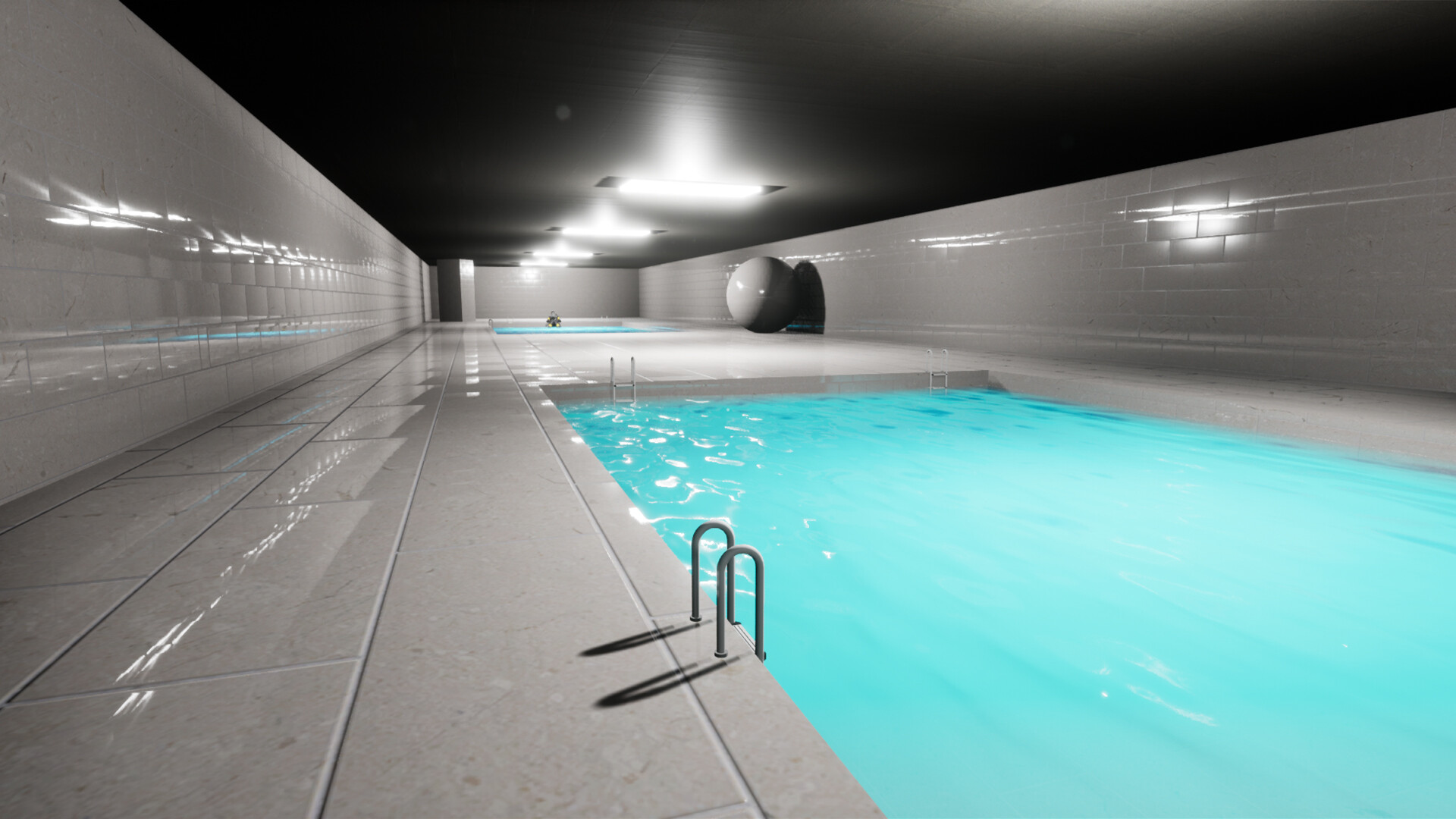 遊戲中的泳池房場景，充滿了閾限空間的詭異氛圍