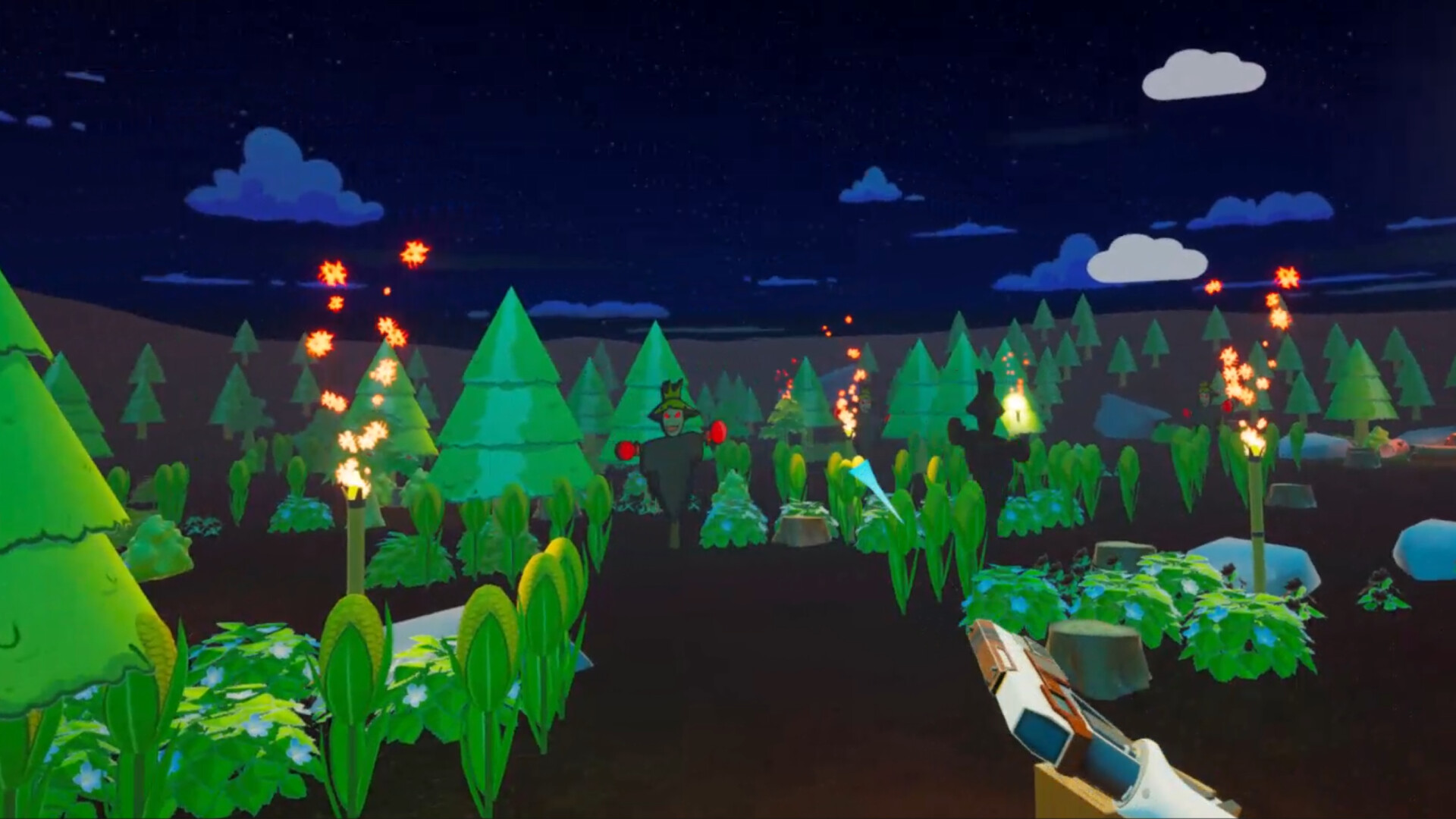 手持雙槍面對來襲的稻草人，展現了遊戲的激烈戰鬥