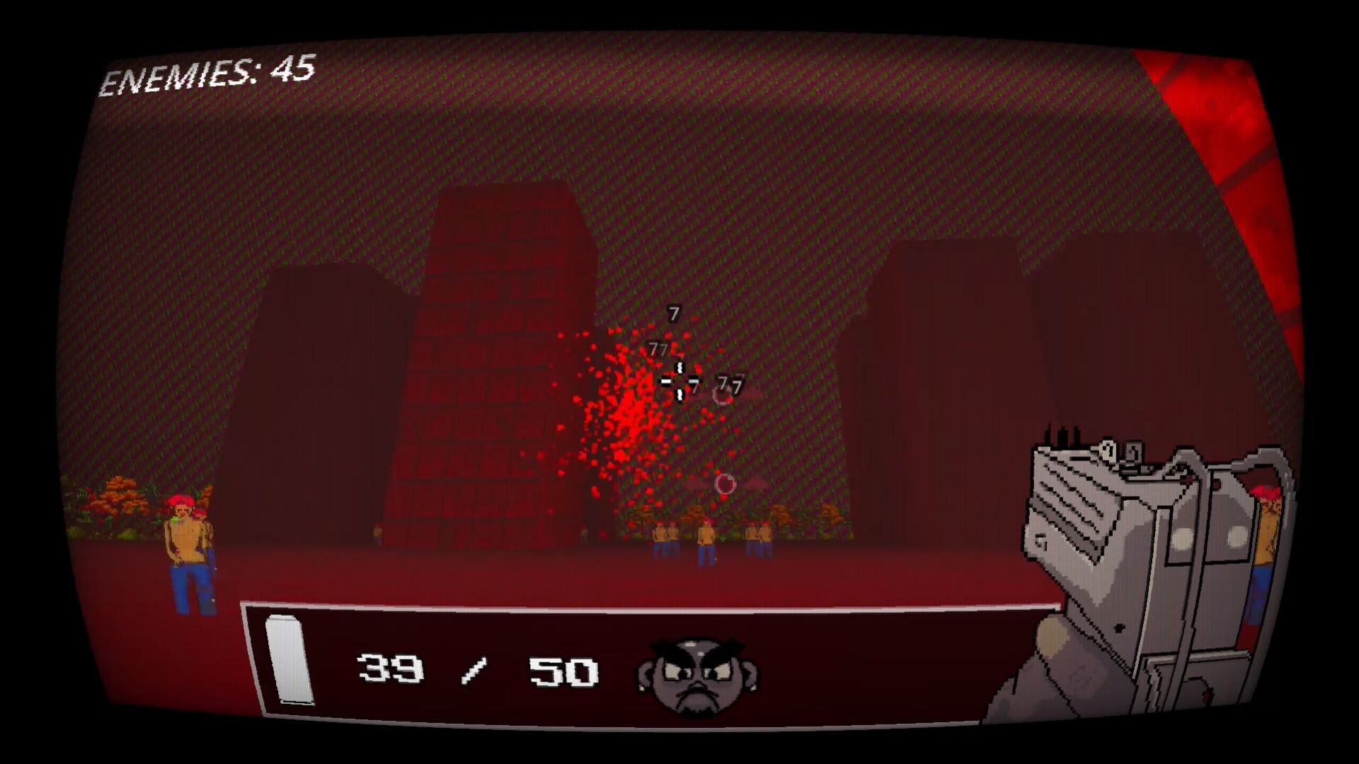 玩家在陰暗的走廊中與改造人軍團作戰。