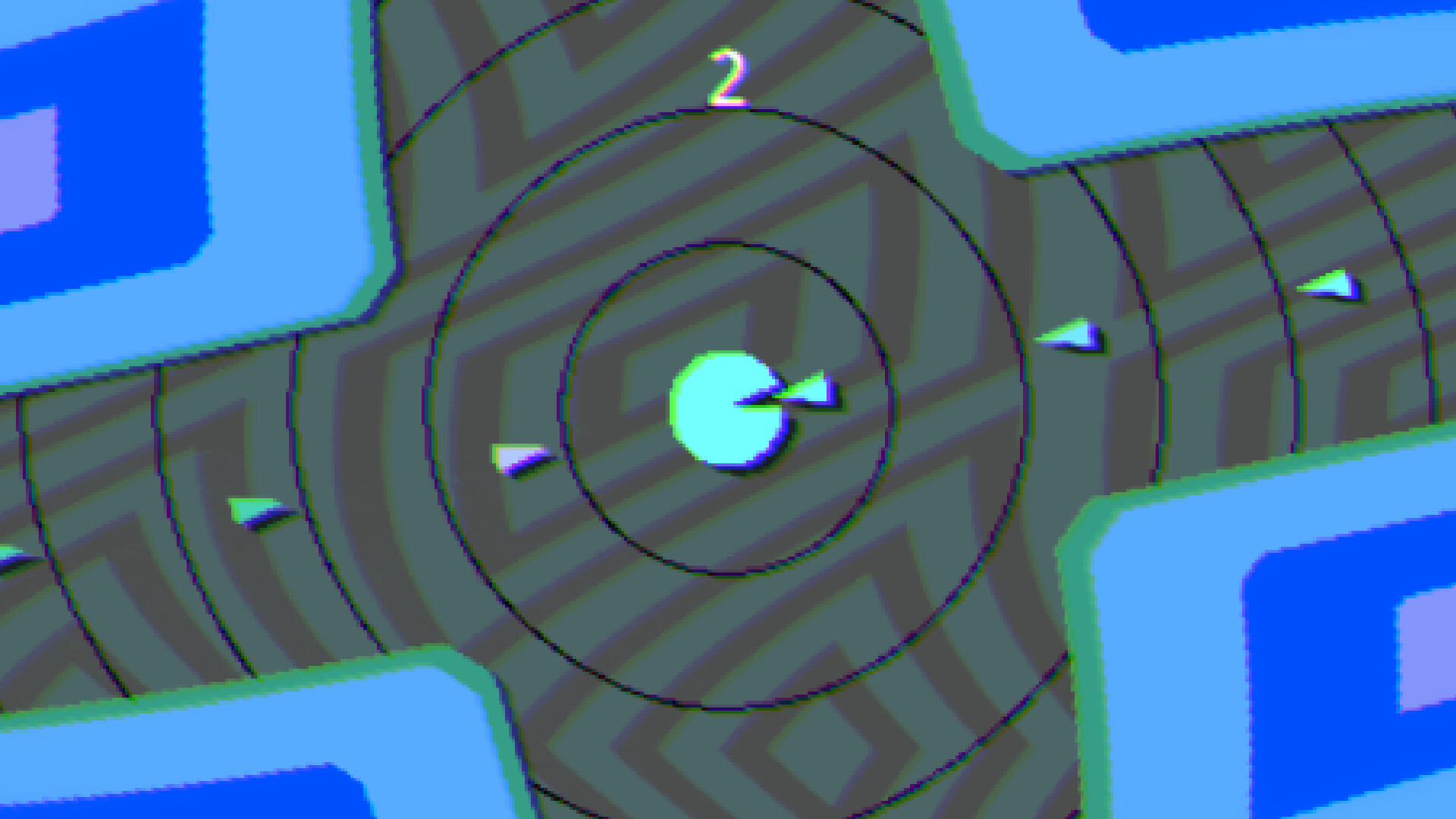 遊戲畫面展示了玩家在中心，周圍環繞著楔形物體