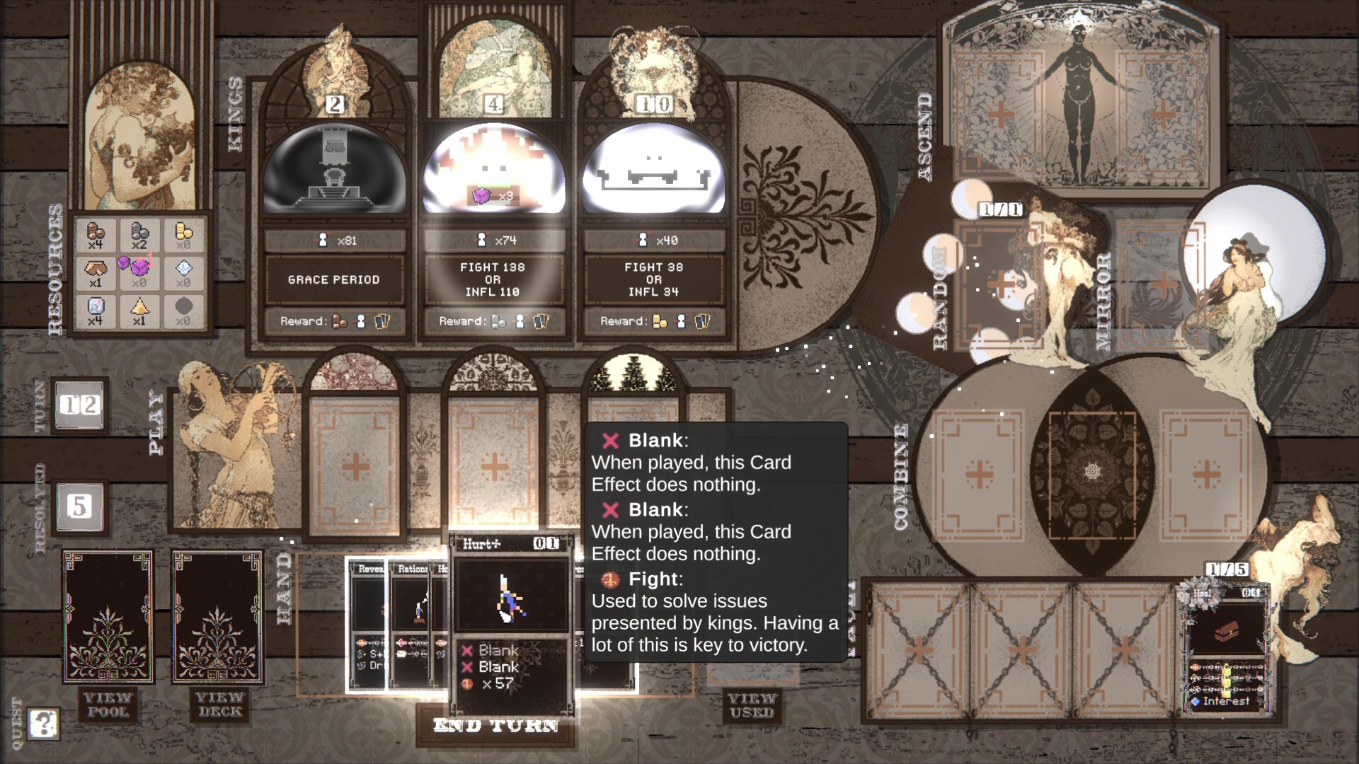 遊戲中充滿策略性的卡牌操作介面