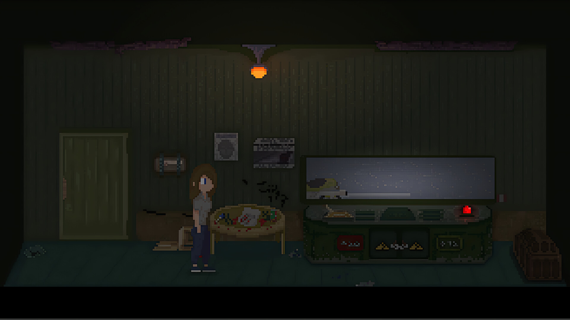 遊戲主角在一個昏暗的房間裡，似乎在尋找線索。