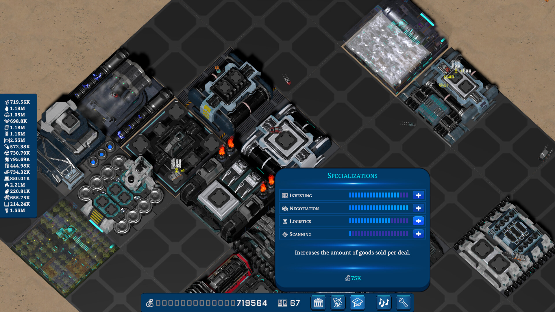 Idle Terra 遊戲畫面，展示了充滿未來感的建築與資源採集設施。