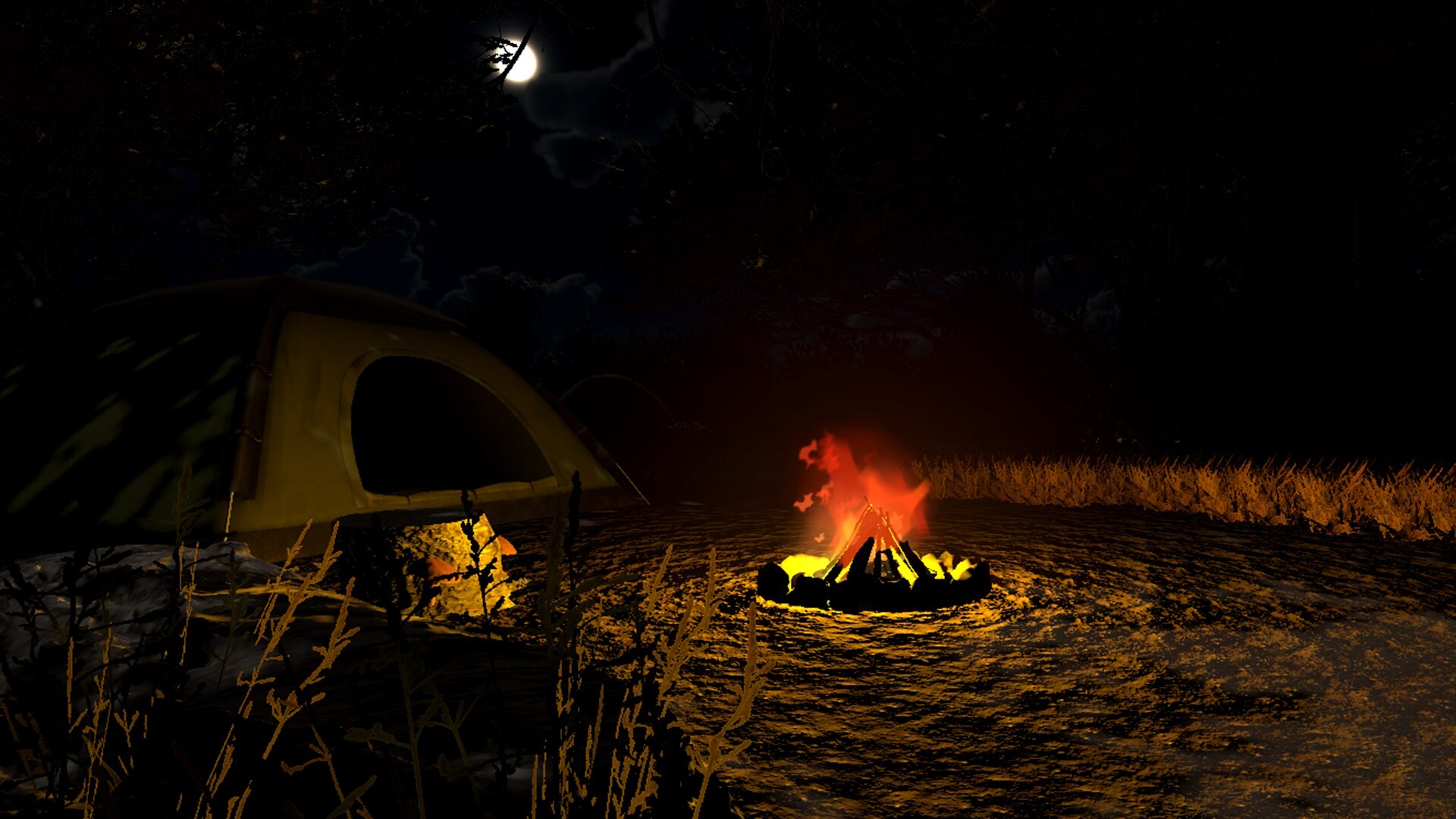 夜晚的森林充滿未知,營火是唯一的光源與慰藉。