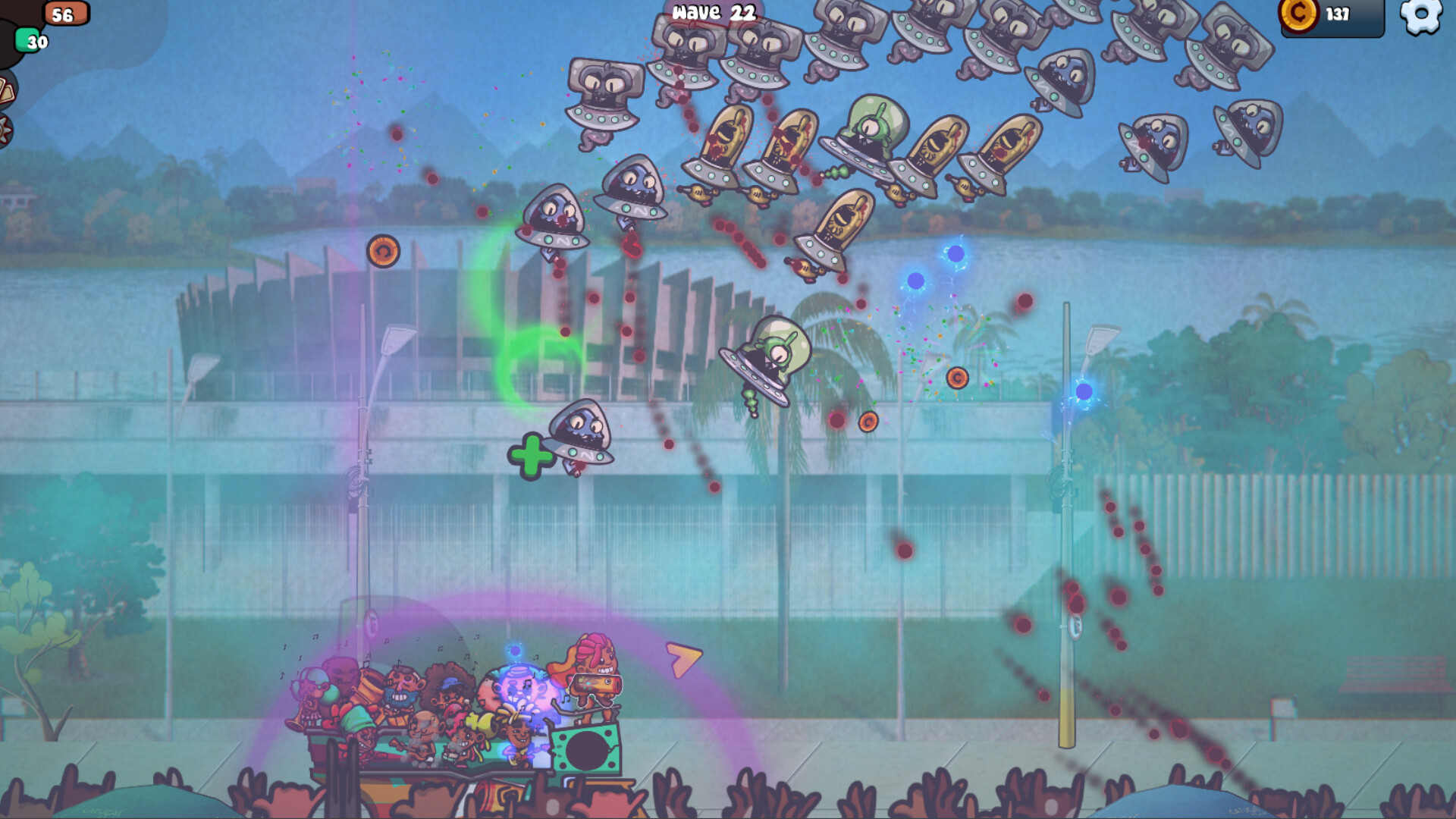 遊戲中的場景，充滿了色彩繽紛的狂歡節元素。