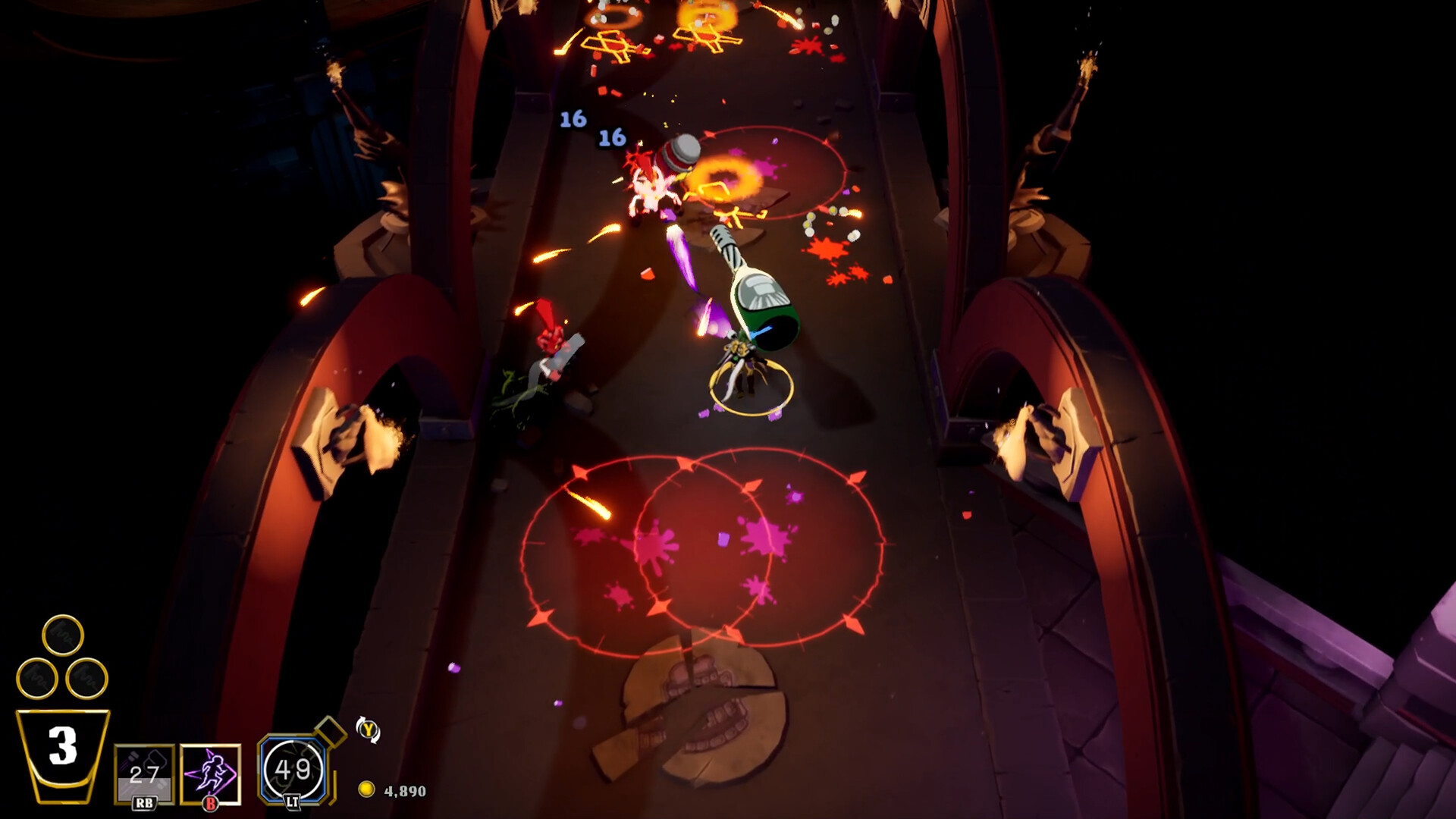 玩家角色面對一個巨大的持盾敵人。