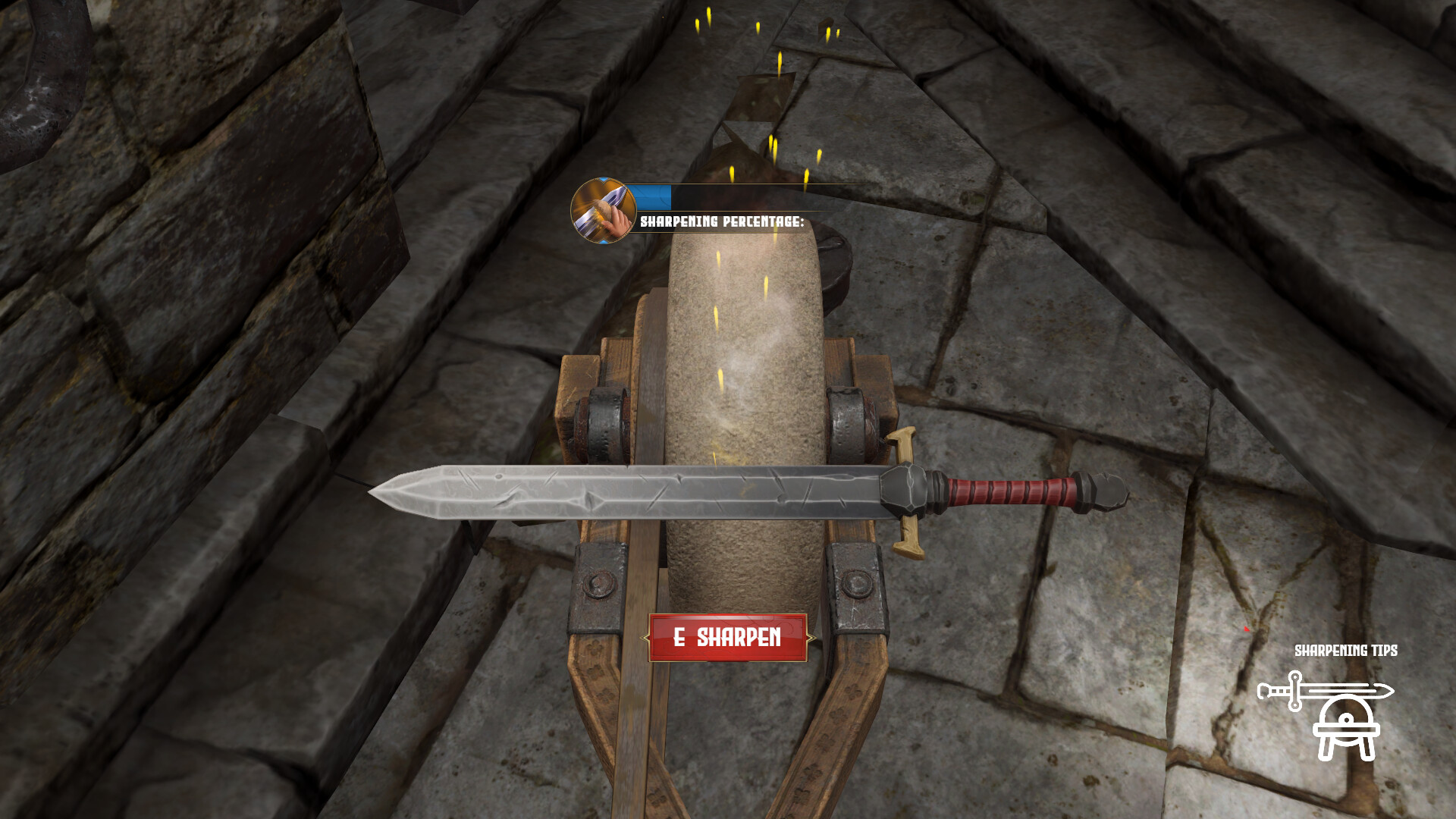 玩家正在鍛造台上對一把熾熱的劍進行錘鍊。