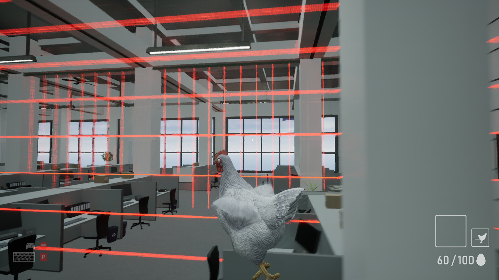 一隻雞站在辦公室高處,俯瞰著下方的挑戰