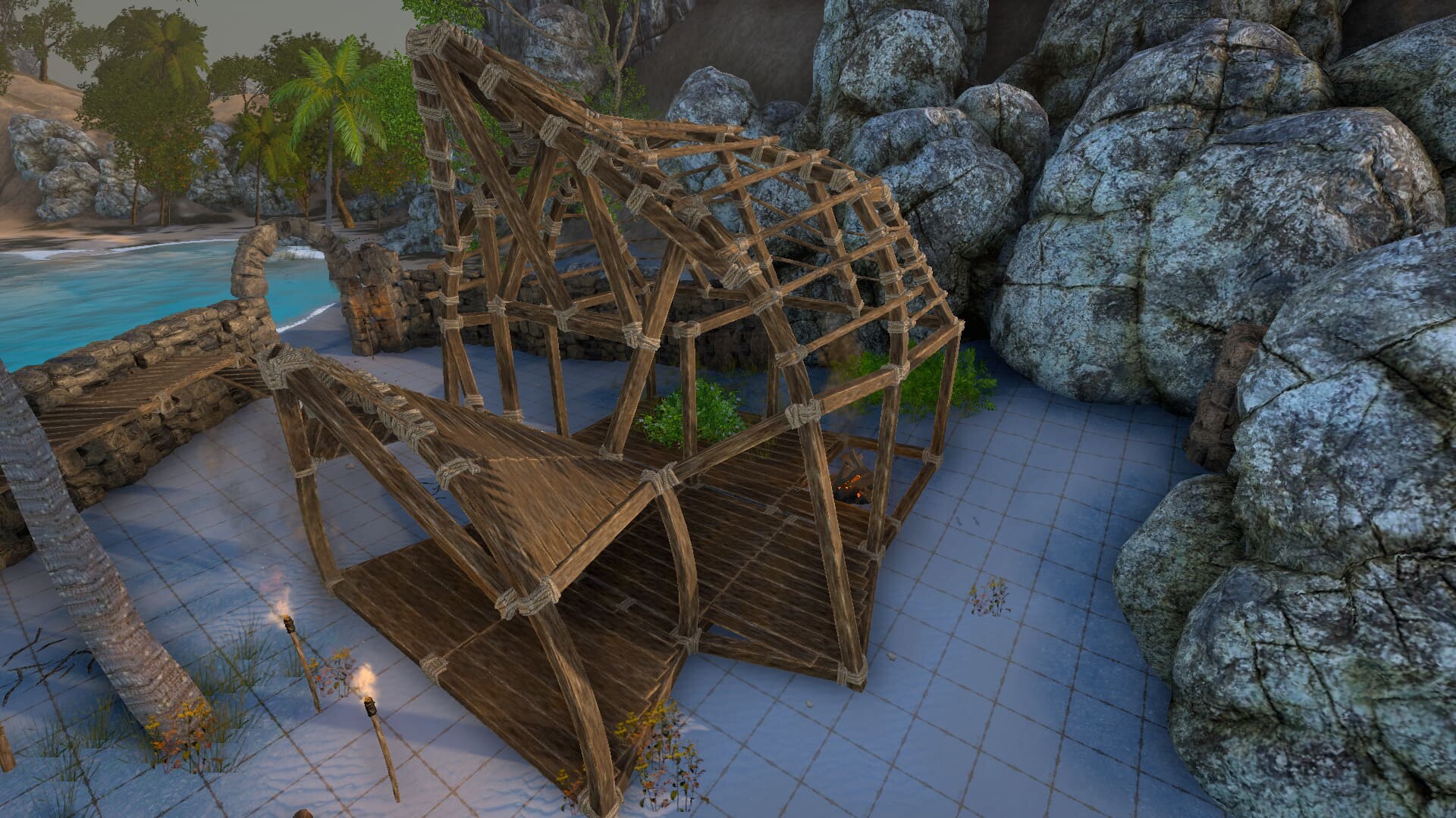 玩家在島嶼上航行雙體船