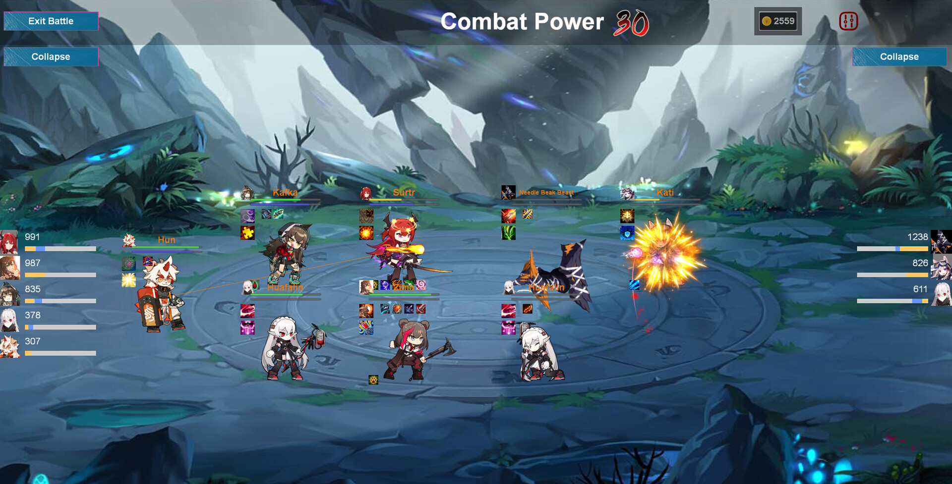 遊戲戰鬥畫面，著重角色站位與策略