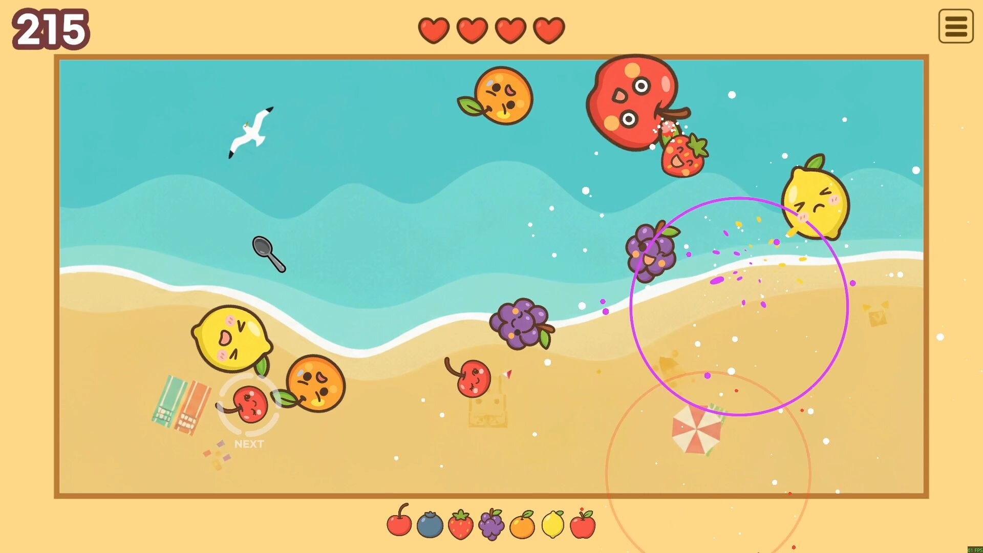 遊戲畫面展示了多種水果堆疊的繽紛場景。