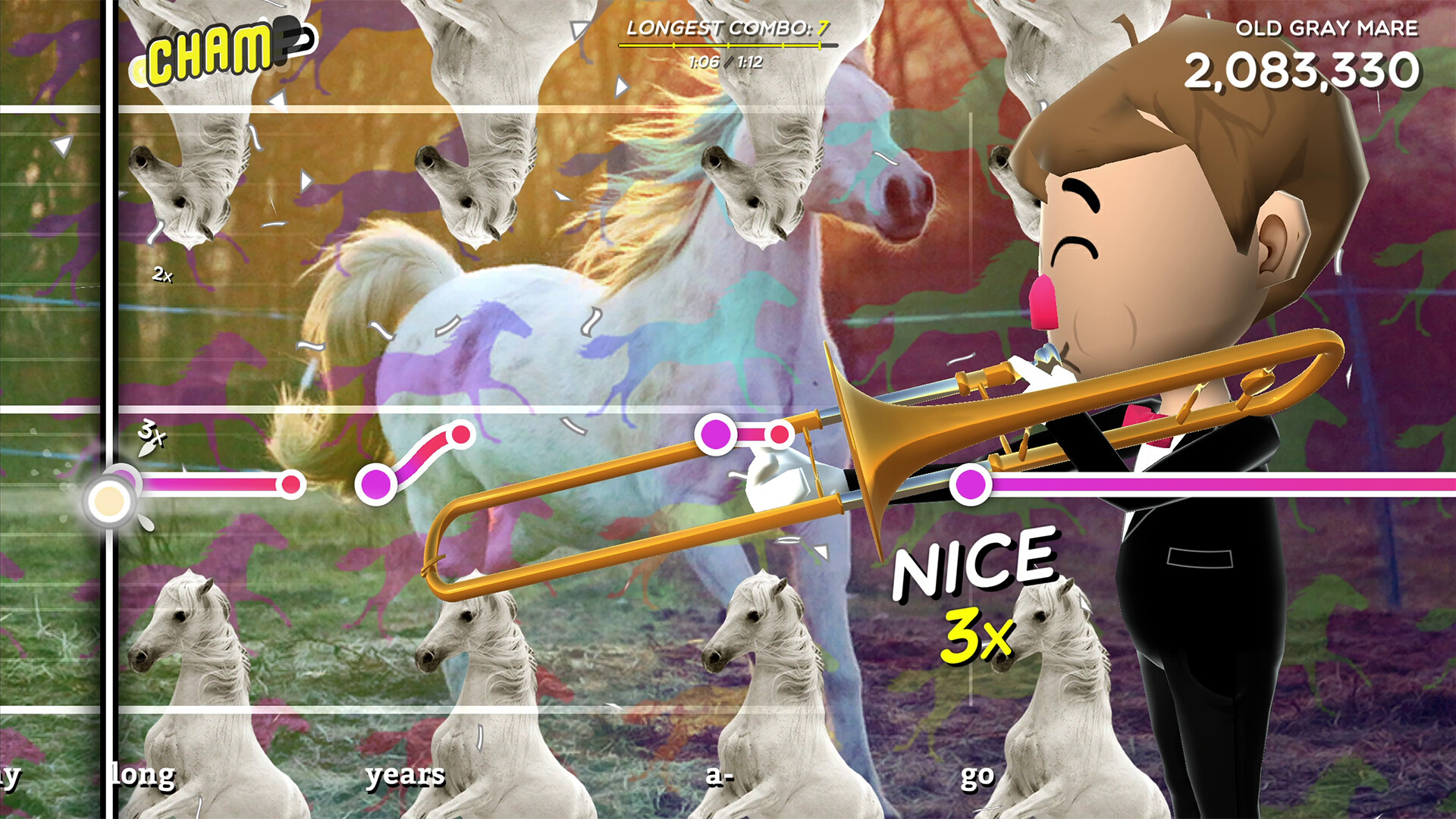 《长号冠军》游戏画面，玩家需移动滑鼠对准音符。