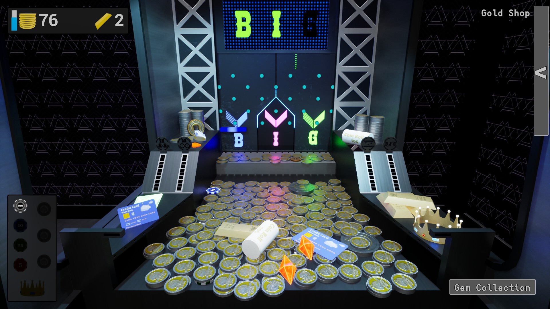 遊戲畫面呈現了經典的推幣機玩法與豐富的獎勵