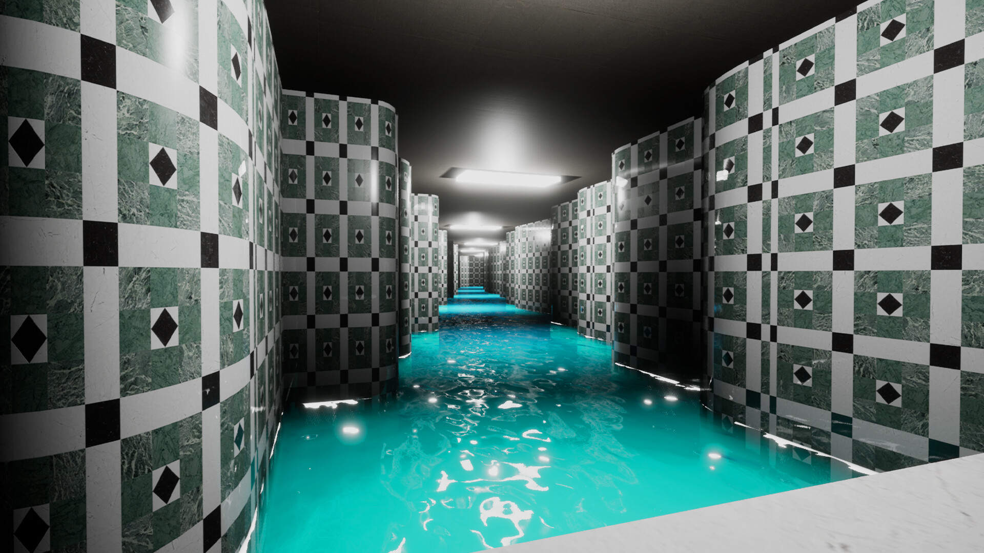 遊戲中一個巨大的水族箱，裡面有魚群在游動