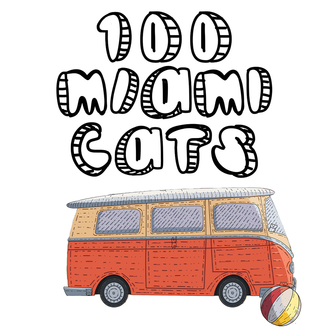 遊戲主視覺圖，充滿邁阿密風情的場景與隱藏的貓咪