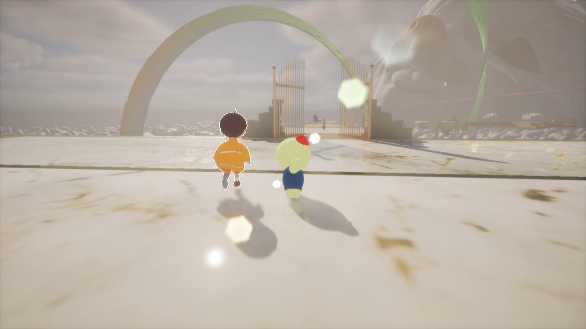 兩名可愛的角色在充滿挑戰的平台上準備合作闖關。