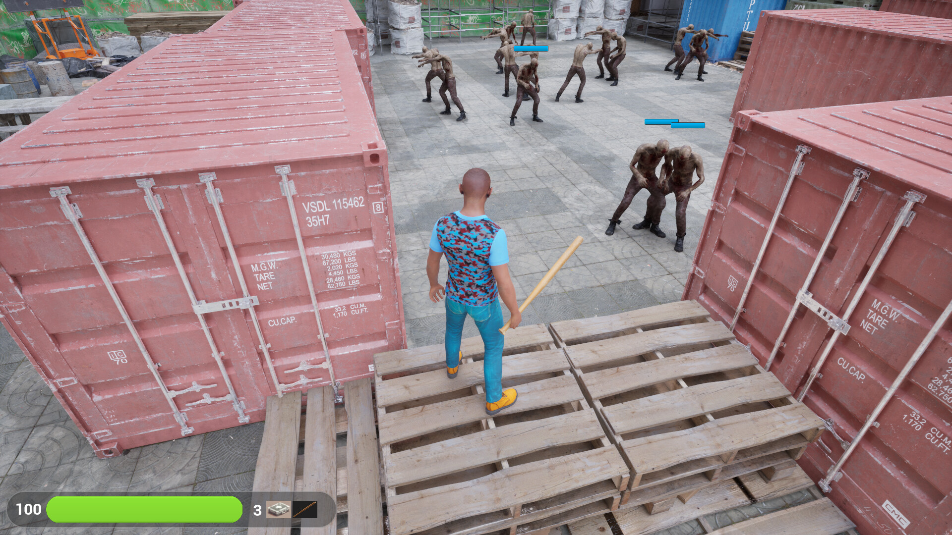 主角手持武器，在廢棄的工業區中探索。