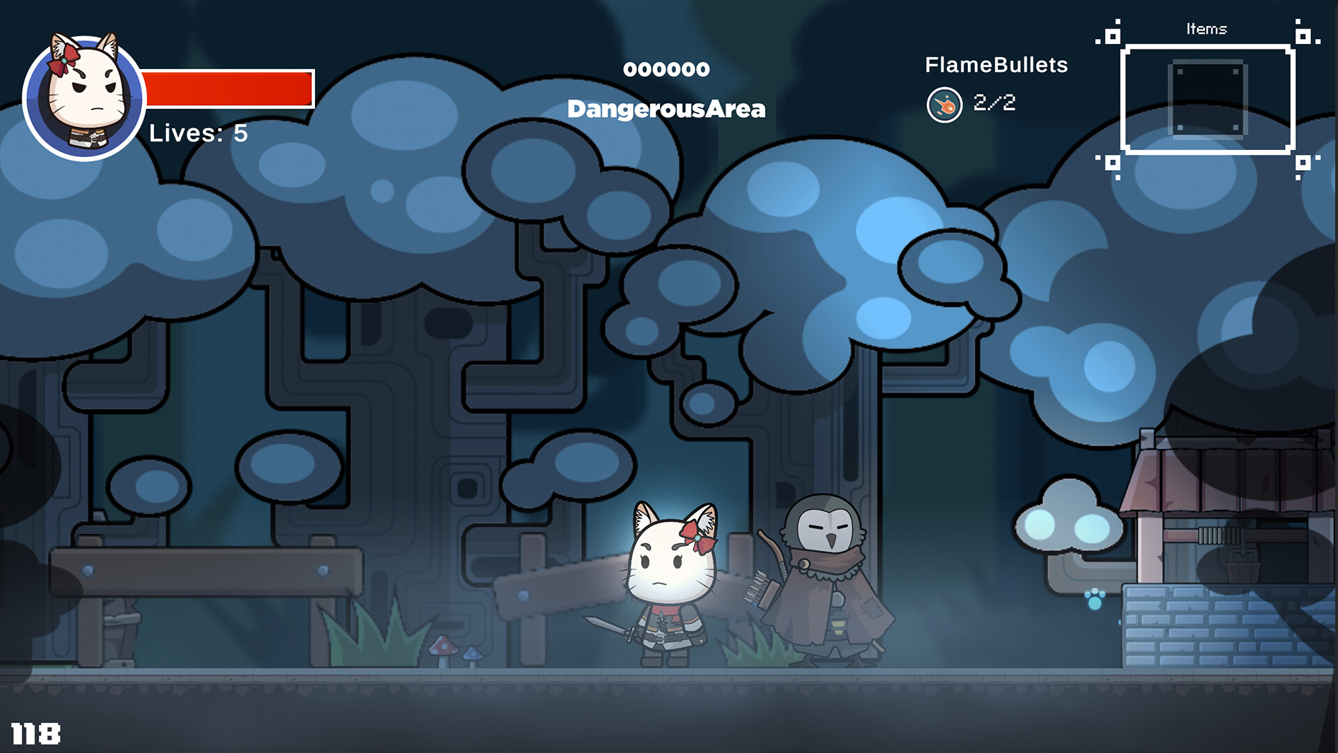 白貓騎士在森林中冒險的場景