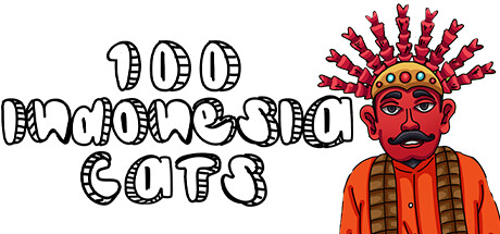 《100 Indonesia Cats》遊戲主視覺圖，展示了印尼風格的建築與可愛的貓咪們。