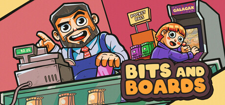 《Bits and Boards - Game Store Simulator》遊戲主視覺圖，展示了店內的熱鬧場景。