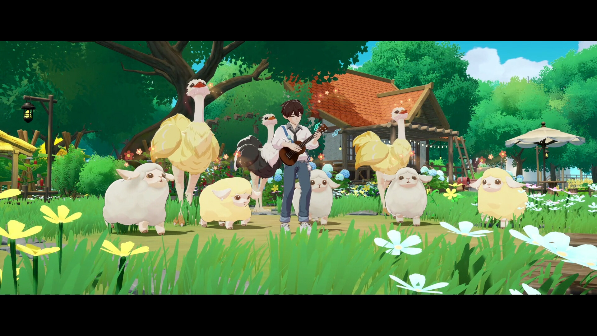 玩家在星砂島上與可愛的動物互動。