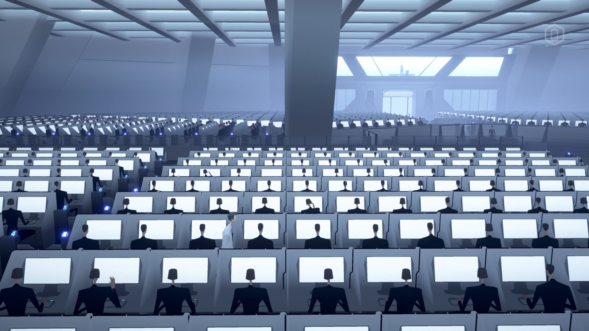 遊戲中的主角在電梯中與陌生人保持距離。