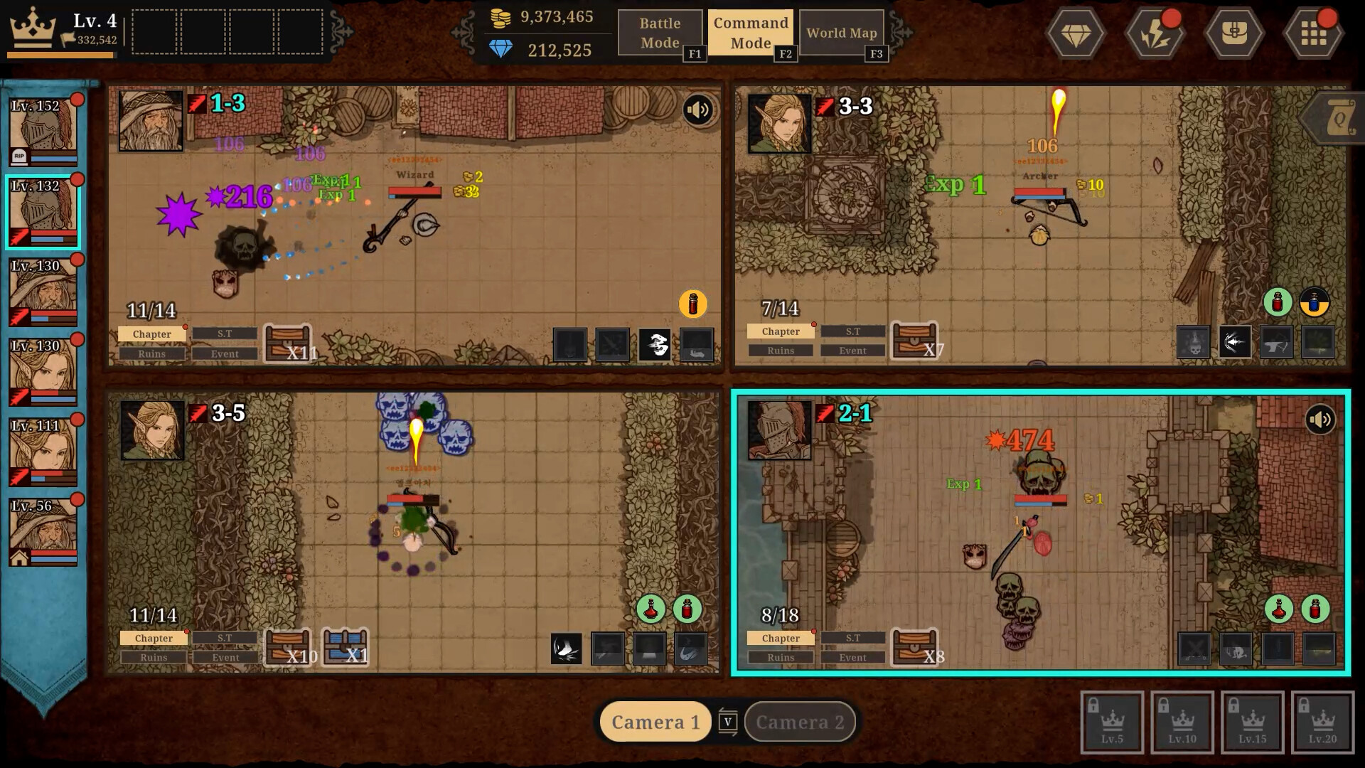 遊戲核心的四分割畫面，讓玩家能同時監控多場戰鬥。