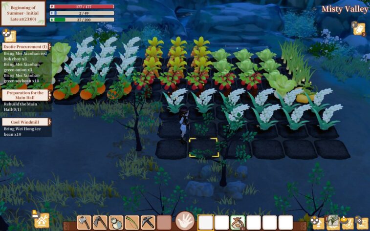 玩家在夜晚照料著 luscious crops